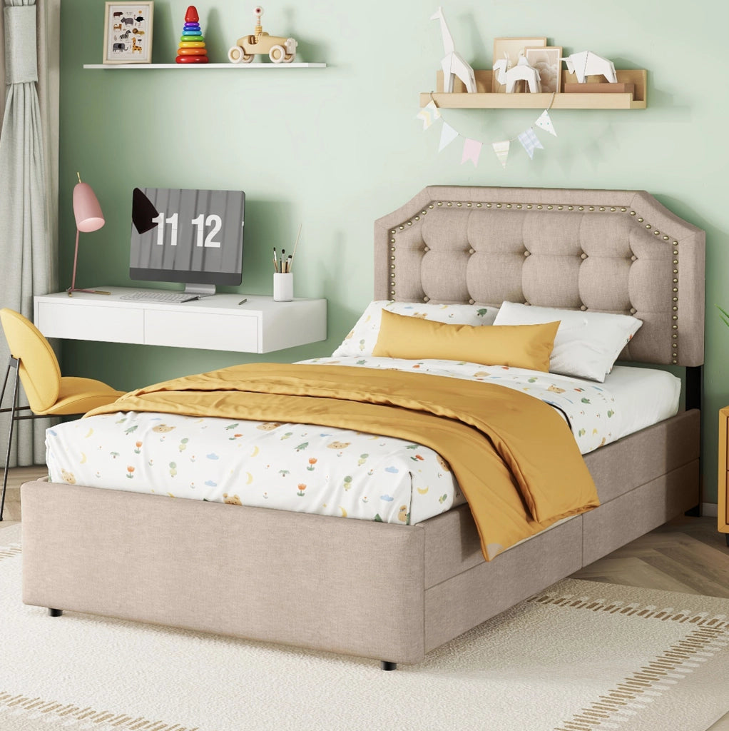 Letto imbottito 90x200 cm con cassetti; testiera regolabile; MDF; beige