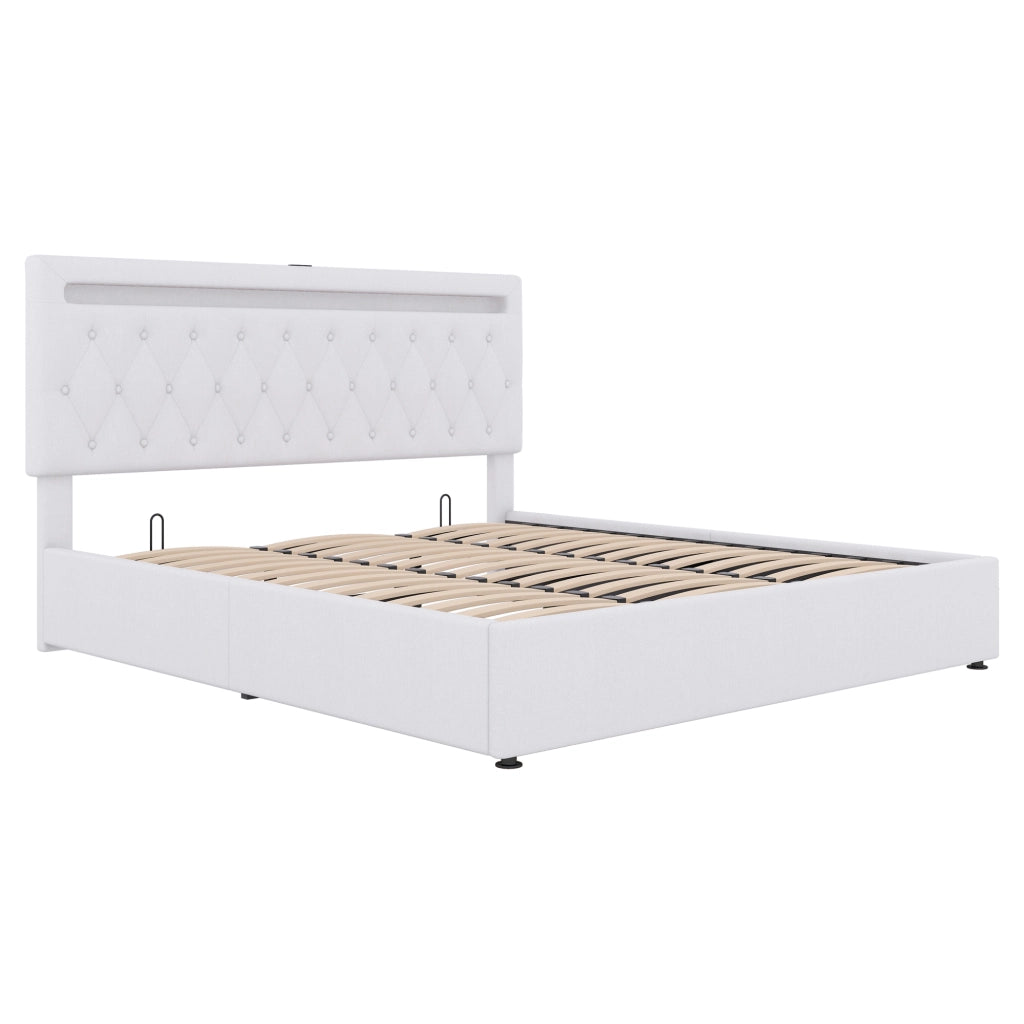 Letto doppio imbottito 180x200cm con ripostiglio; USB e Tipo C in bianco