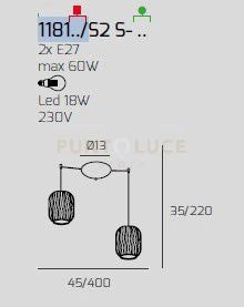 SOSPENSIONE OTTONE SAT. 2 LUCI SPOSTABILE VETRI TRASPARENTE 1181OS-S2 S-TR