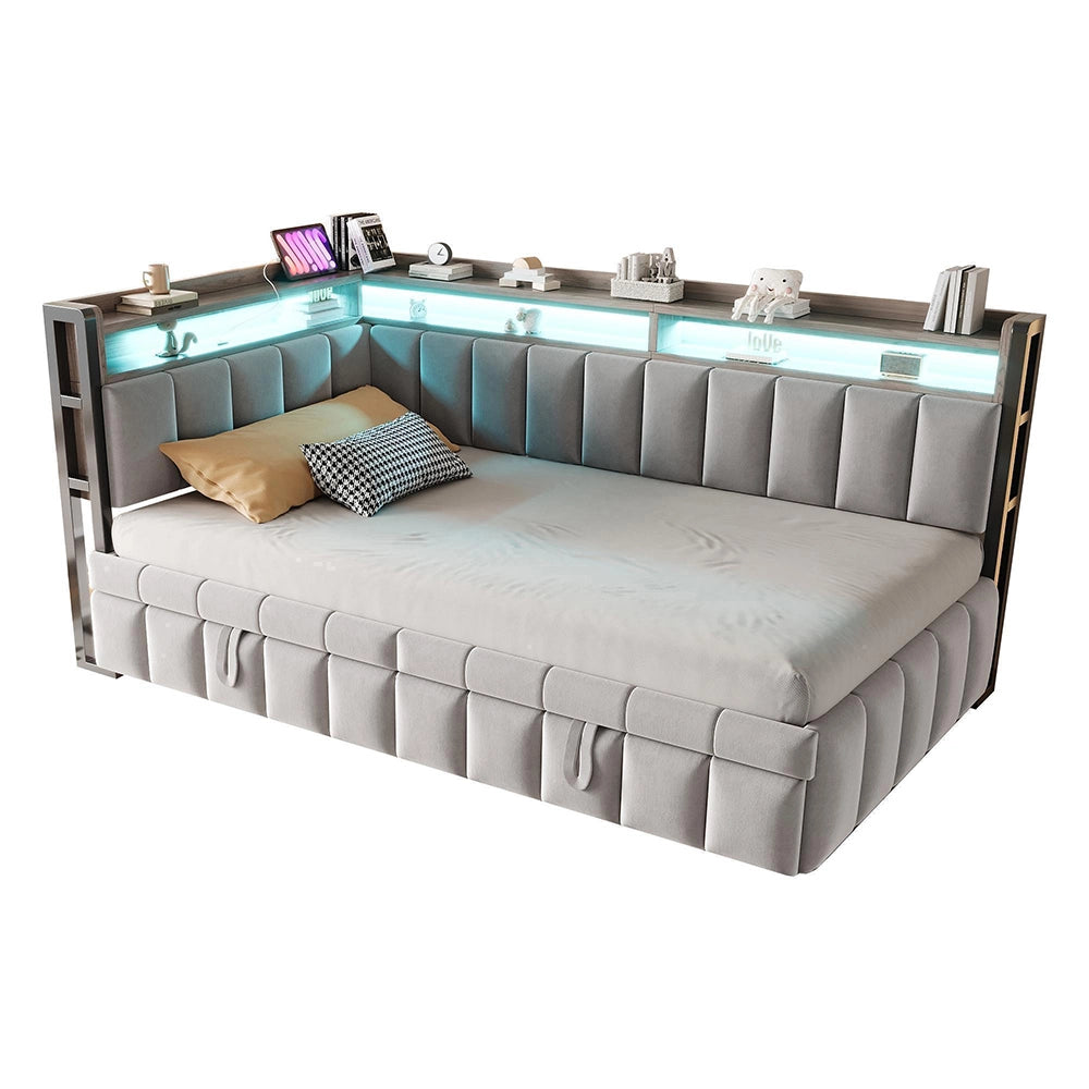 Divano letto 90x200cm?- Xylo - gigogne LED USB velluto grigio chiaro