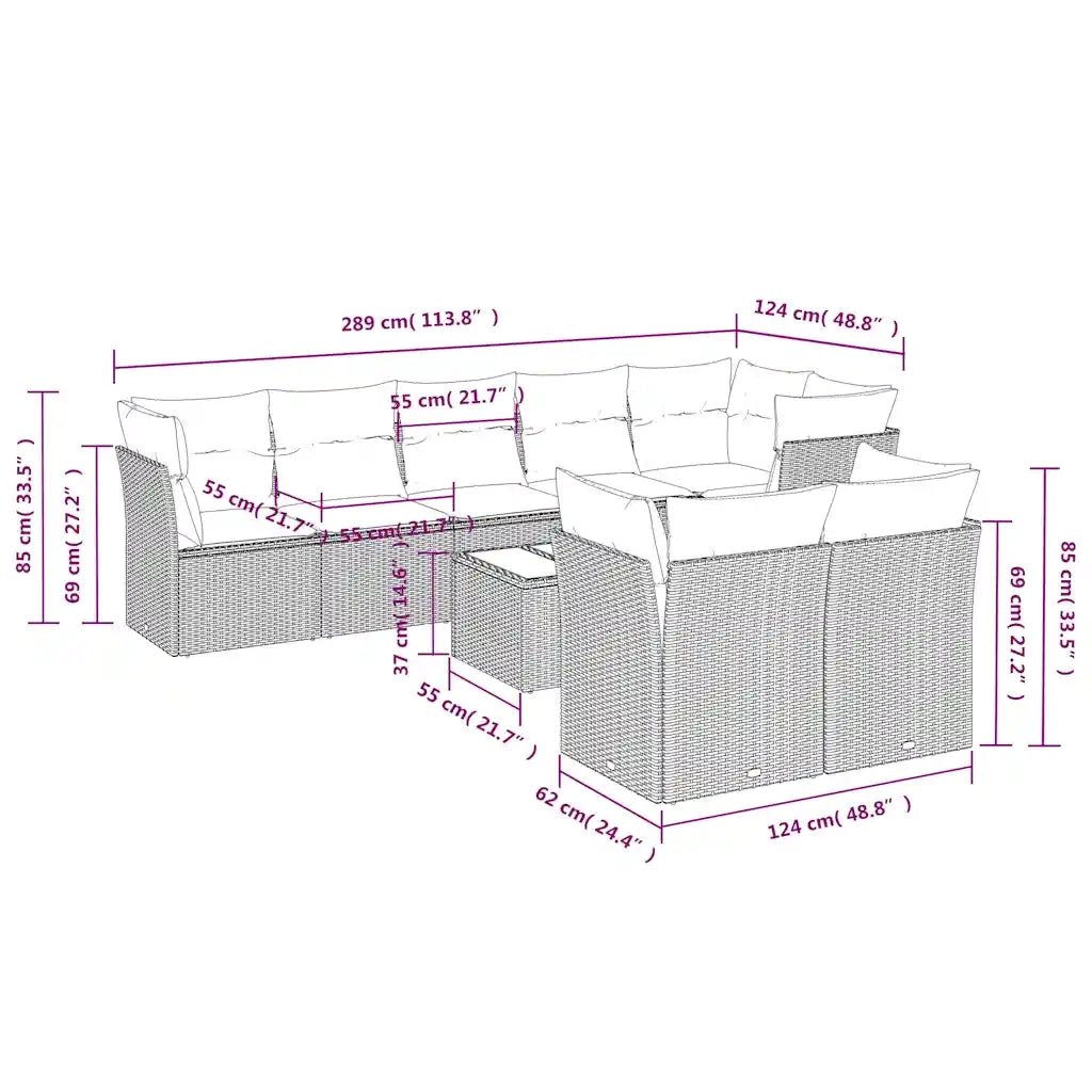 Set Divani da Giardino 9pz con Cuscini Marrone in Polyrattan 3217923