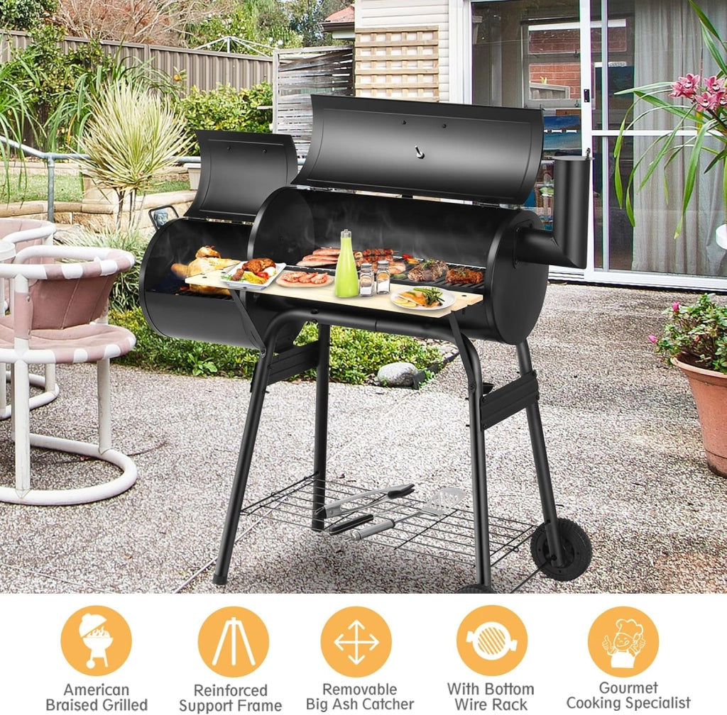 Barbecue a carbone con termometro e ruote, griglia in acciaio con camino, affumicante per esterni, con tavolo laterale e ripiano inferiore, 115 x 65 x 108 cm