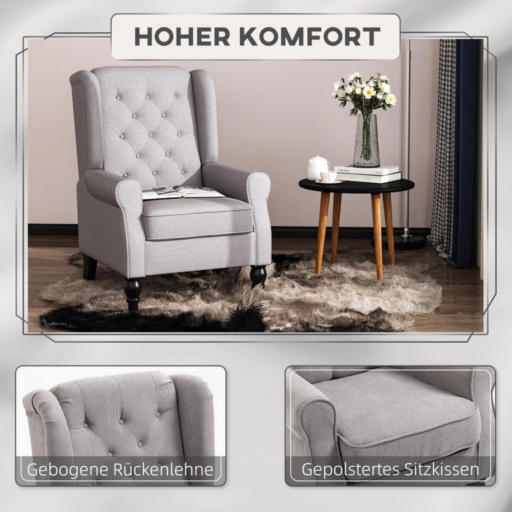Poltrona con Braccioli e Orecchie ¨C Xylo ¨C Tessuto Grigio con Cuscino e Gambe in Legno