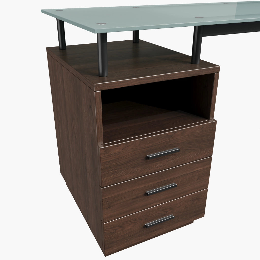 Scrivania moderna 130x50x75 cm con piano in vetro temperato, 3 cassetti e vano aperto, marrone