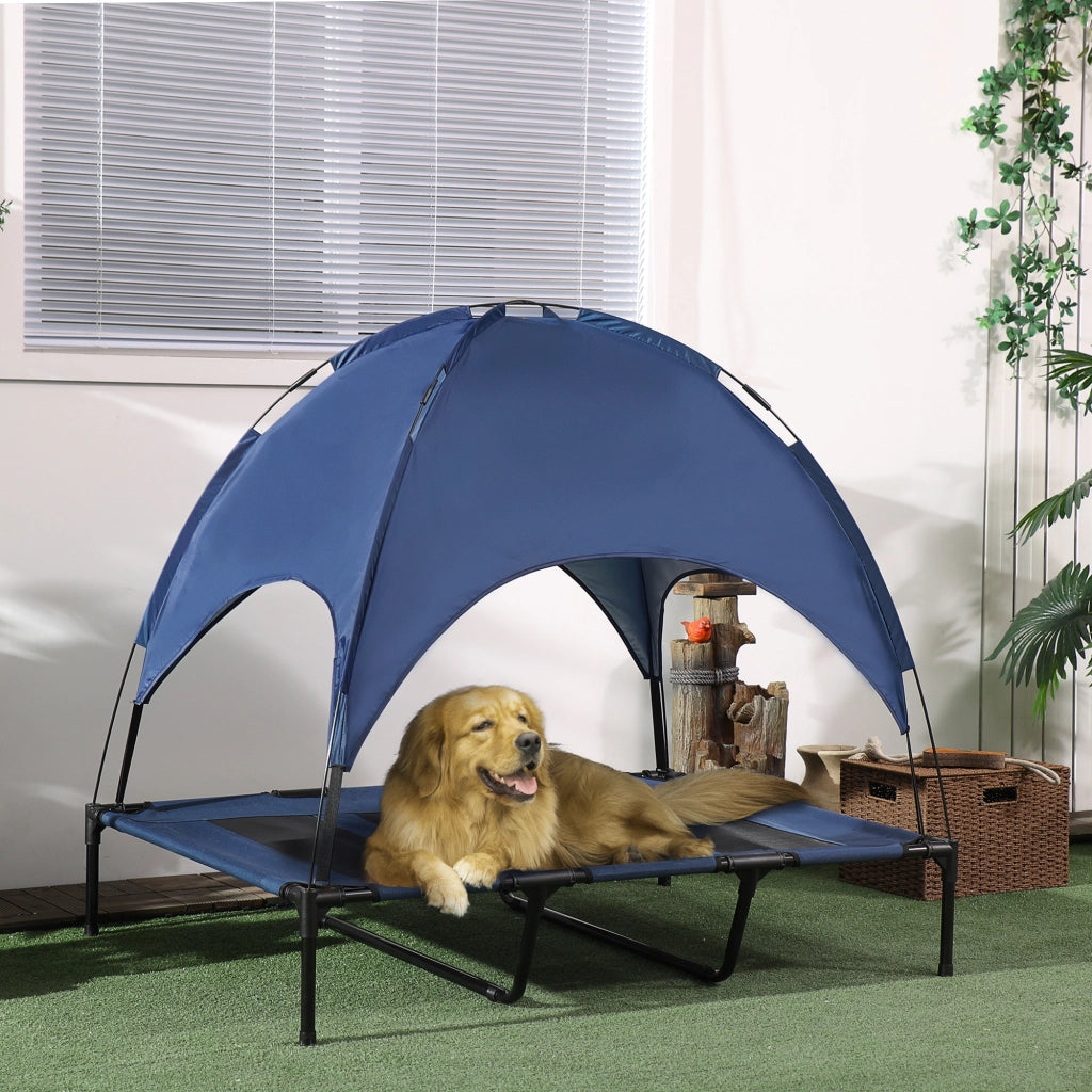 Letto per Cane Esterno con Baldacchino ¨C Minimal ¨C Blu e Nero 122x92x108 cm