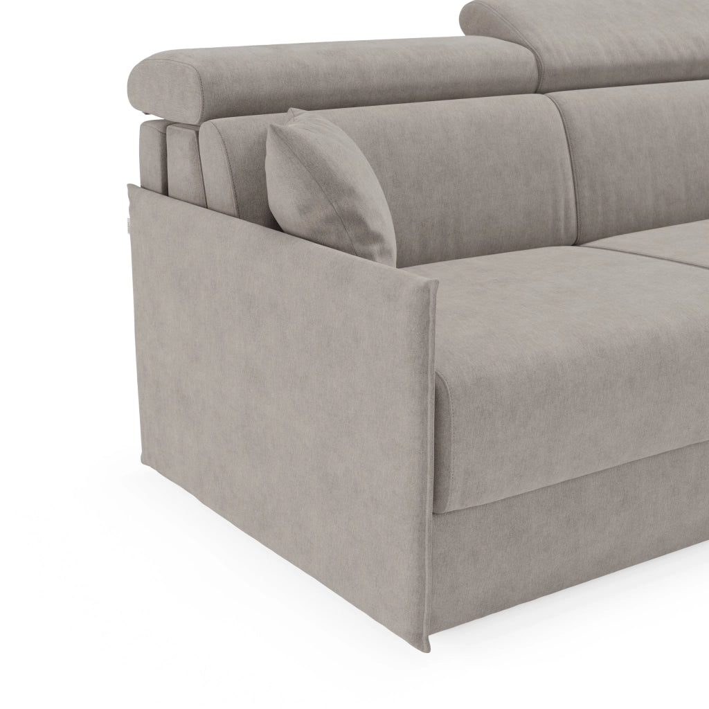 Miryam divano letto angolare compatto - poggiatesta reclinabili e penisola contenitore in tessuto smacchiabile T31 272 cm sinistro grigio perla