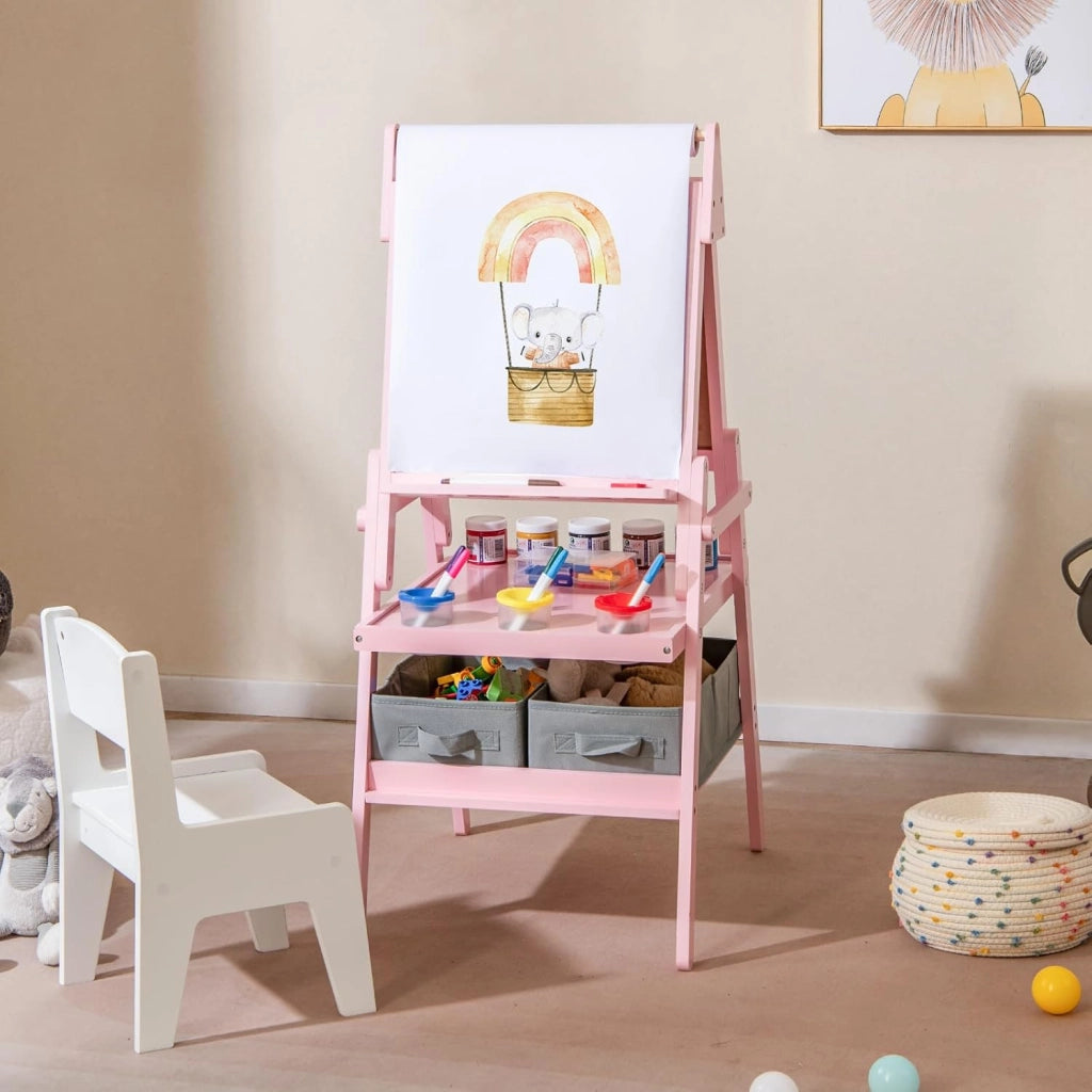 3 in 1 Cavalletto per Bambini, Cavalletto con Doppia Faccia Magnetica e Lavagna Bianca, Rotolo di Carta, 3 Bicchieri per Vernice e 2 Ceste in Tessuto, per Bambini 3-6 Anni (Rosa)