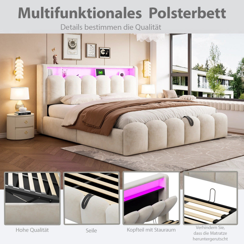 DESMIU Letto Contenitore 180 × 200 cm 2 Posti con LED, USB, Type-C e vani, senza materasso, Beige