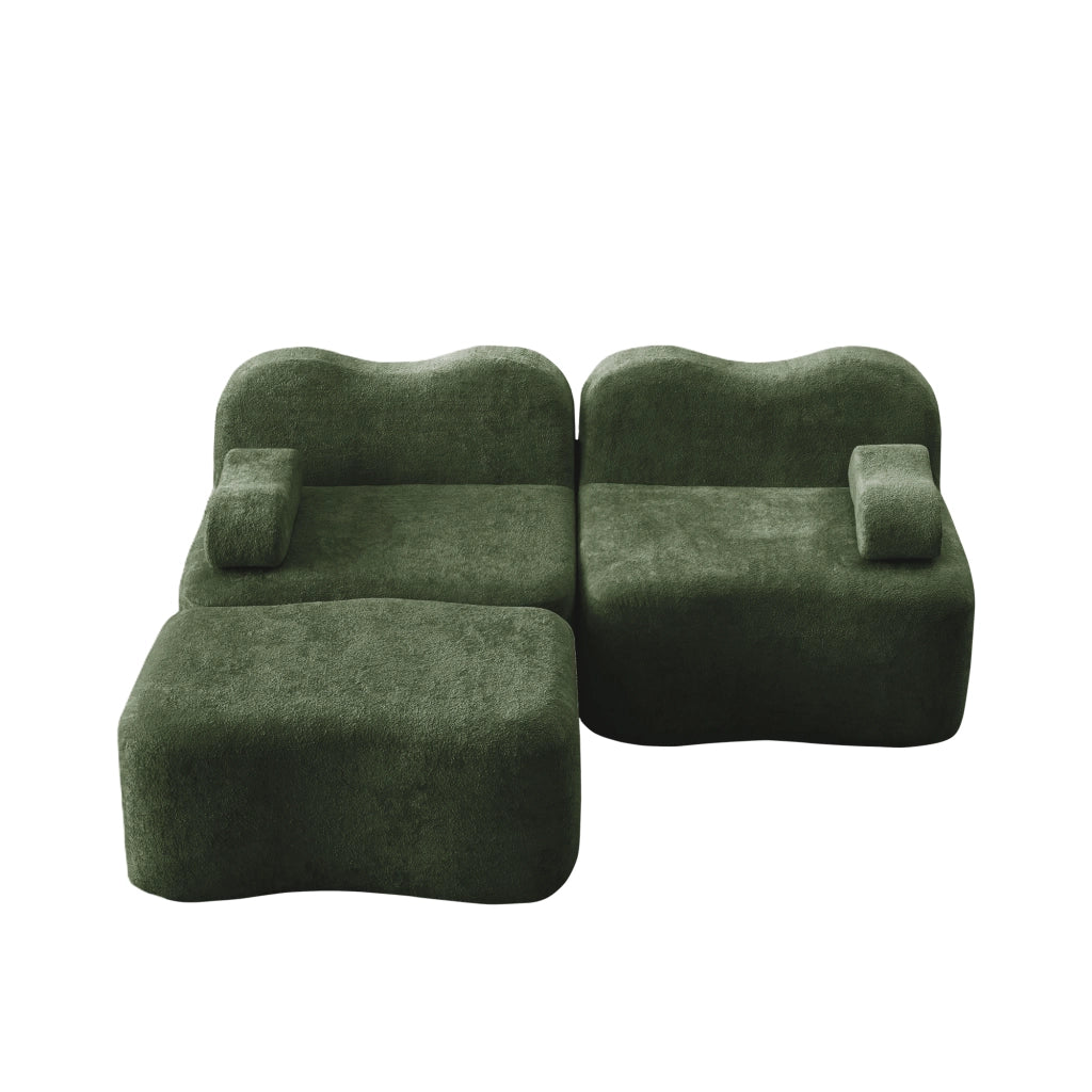 Divano angolare modulare senza struttura con pouf e cuscino bracciolo mobile in velluto verde per casa
