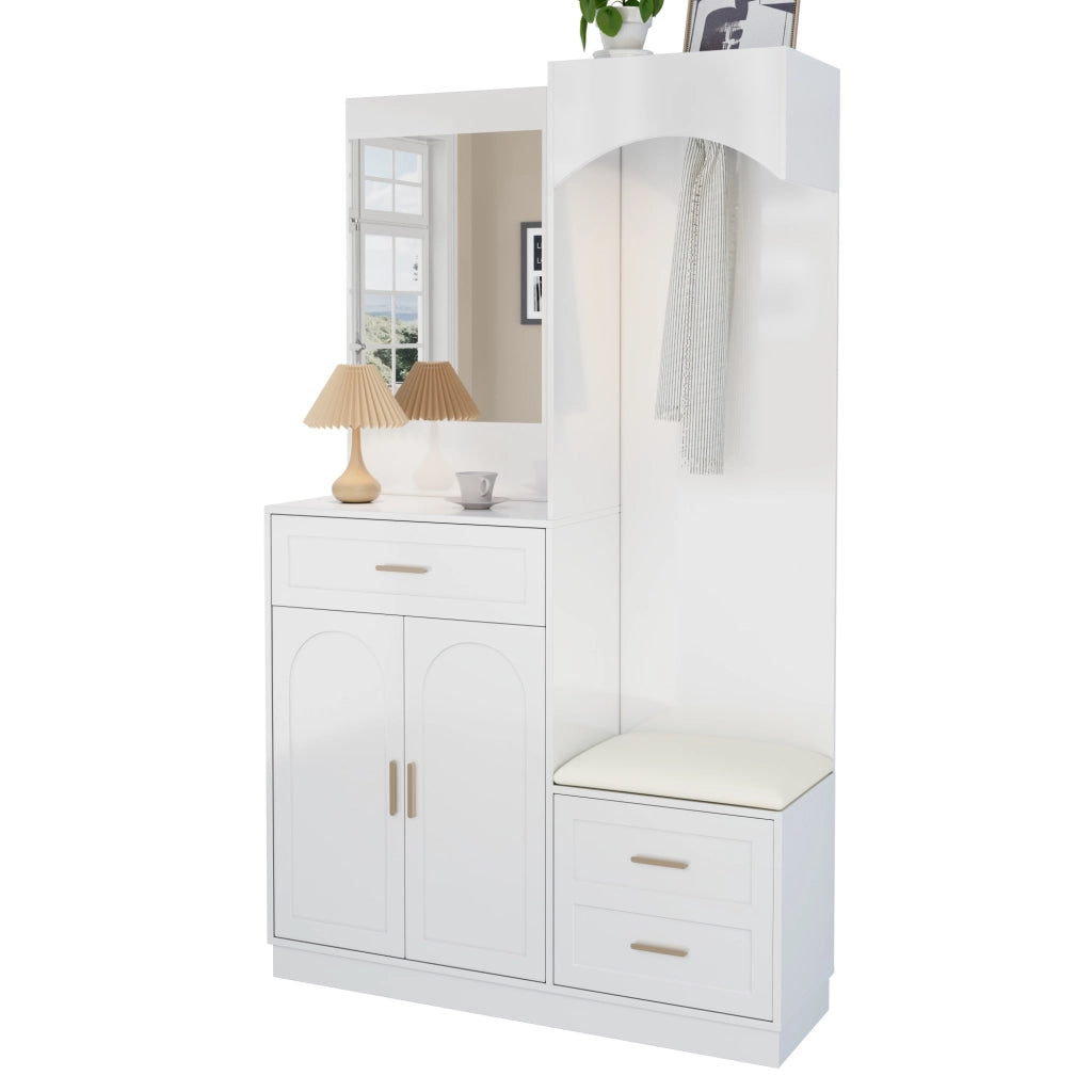 Scarpiera con Specchio e Appendiabiti ¨C MINIMAL ¨C Bianco, Legno, Salvaspazio