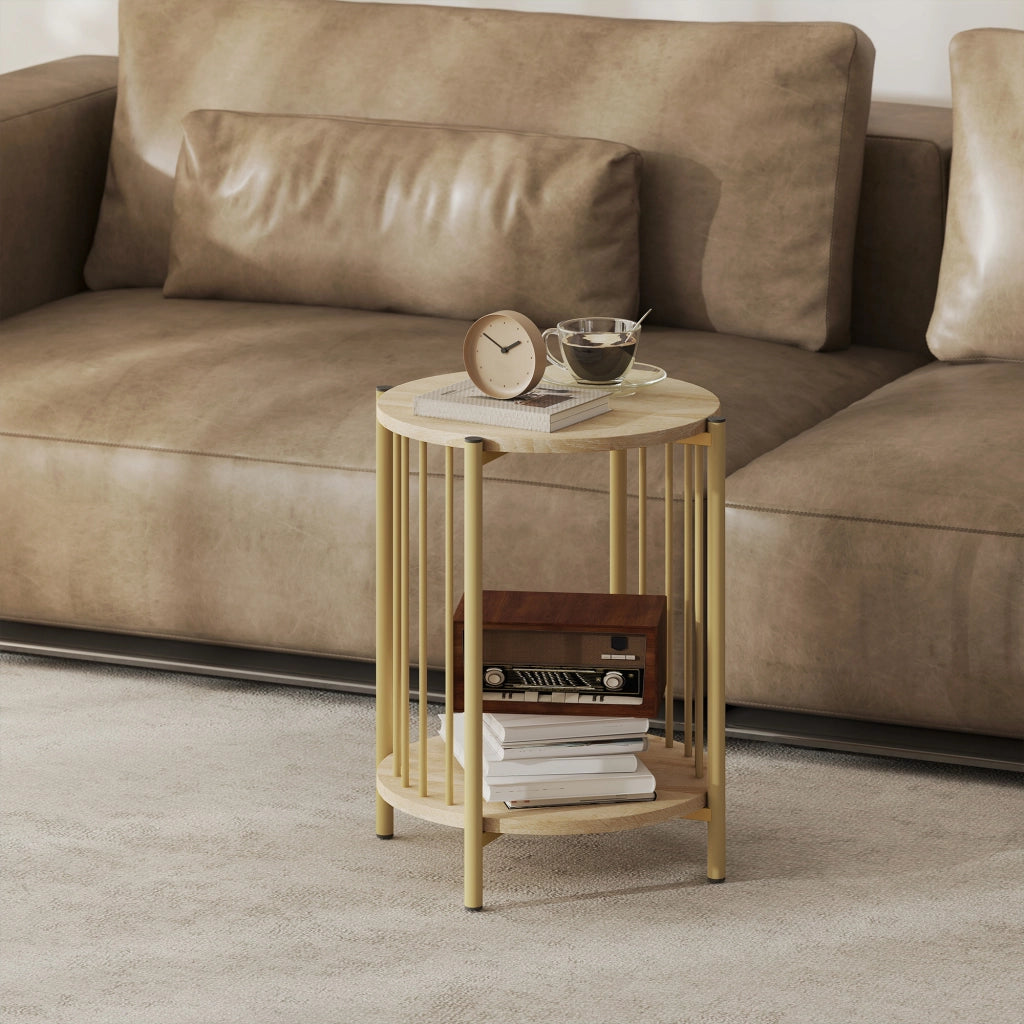 Tavolino da salotto rotondo a due livelli con ripiano ¨C Minimal ¨C legno naturale acciaio 41x49 cm