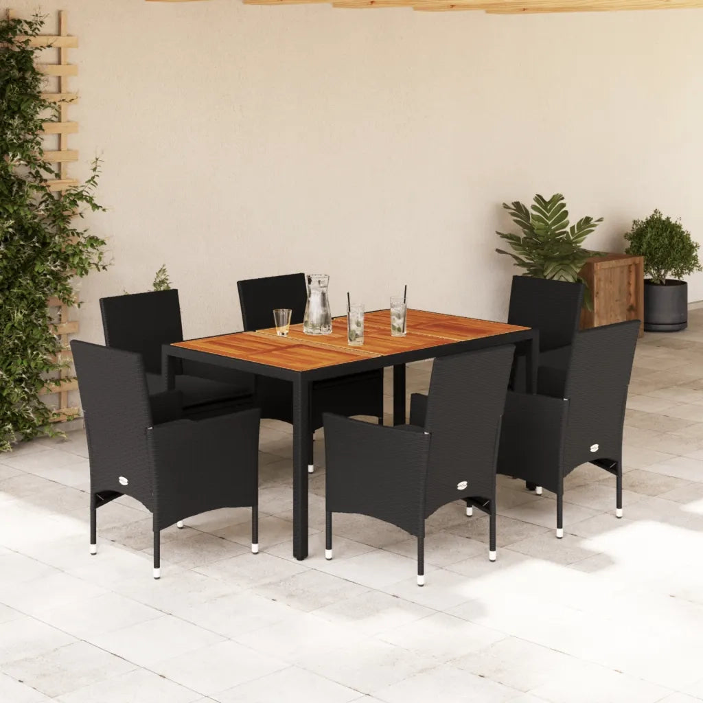 Set Pranzo da Giardino 7 pz Nero con Cuscini Polyrattan Acacia