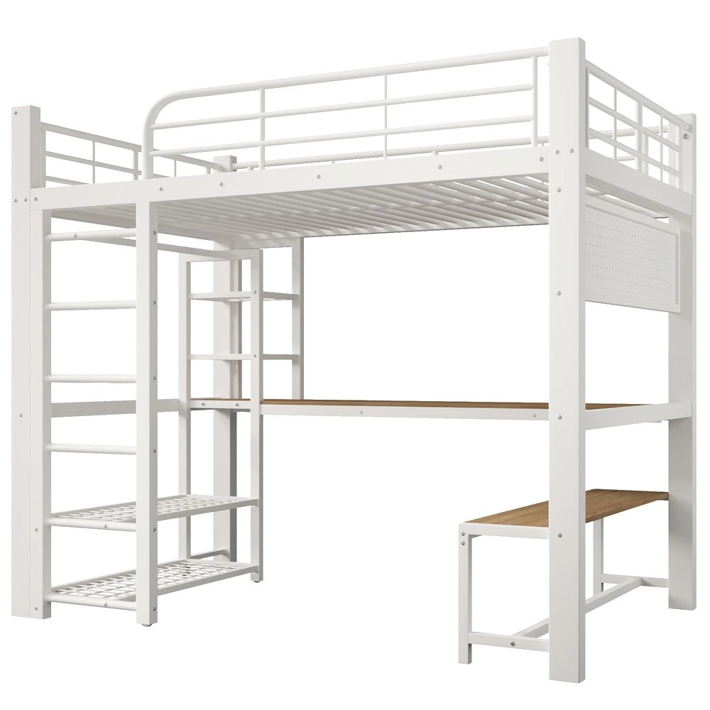 Letto a Soppalco con LED e Scala con Contenitore ¨C MINIMAL ¨C Metallo Bianco 140x200cm