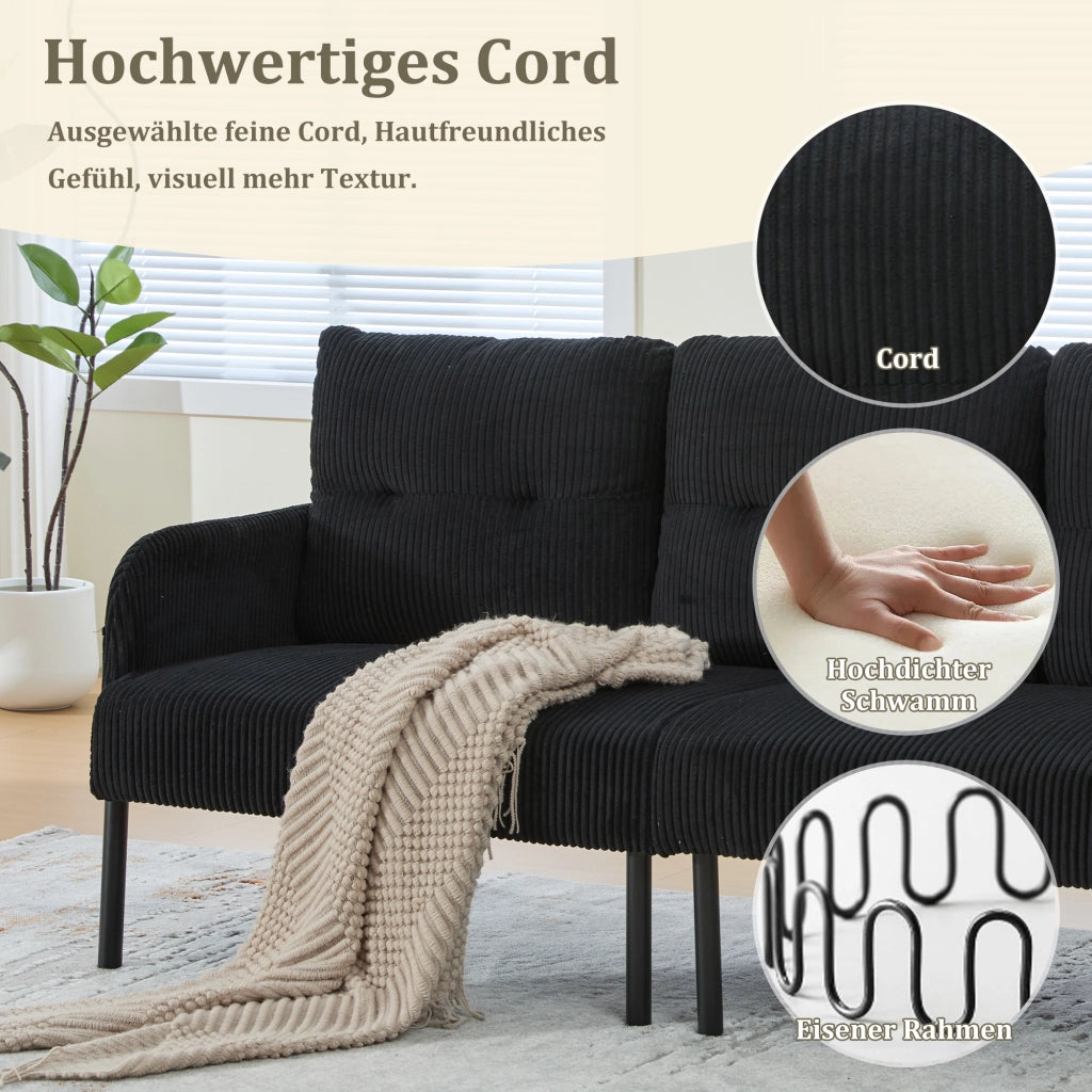 DIVANO 3 posti 171x72x80 cm in corduroy nero con tasca laterale
