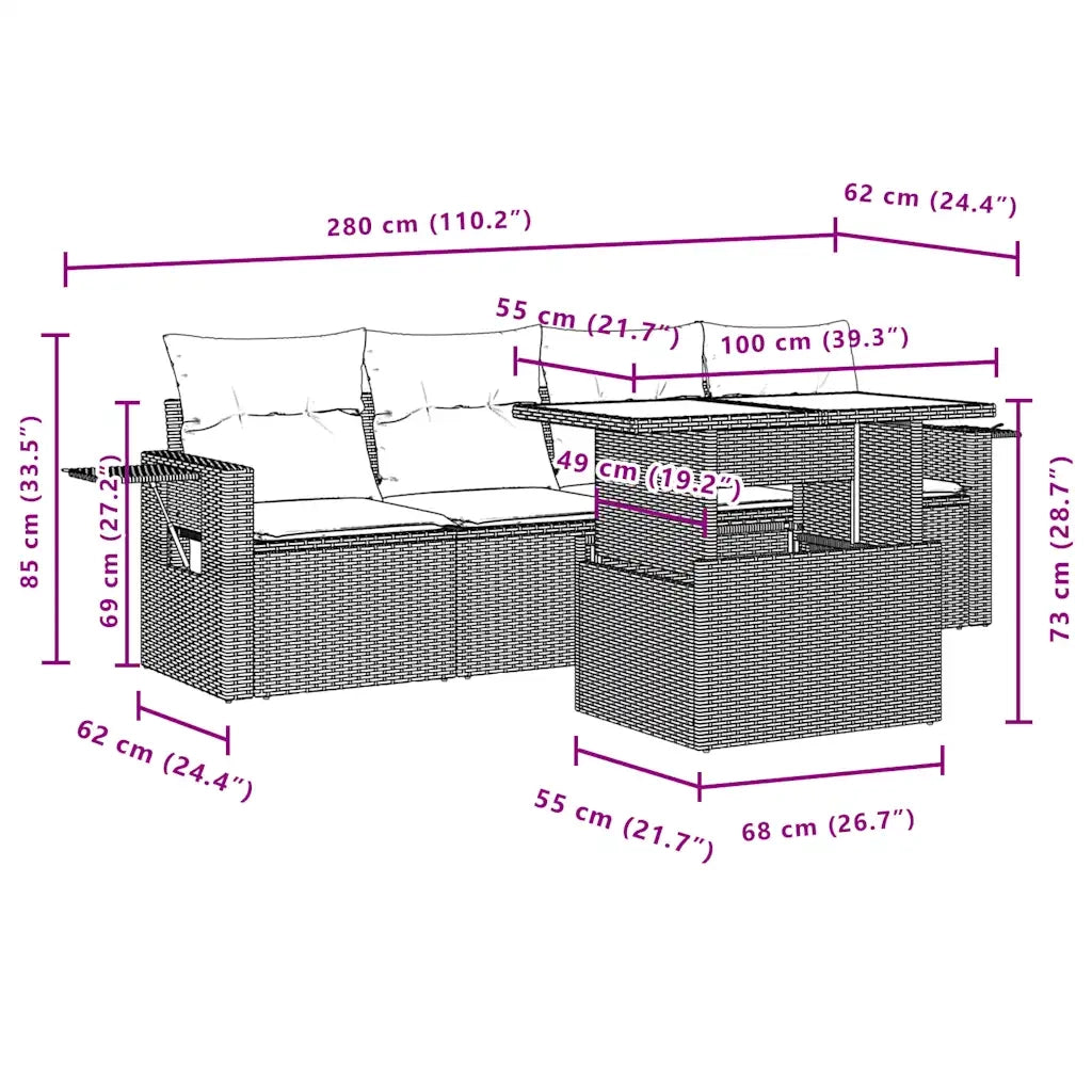 Set Divani da Giardino 5 pz con Cuscini Marrone in Polyrattan 3267734