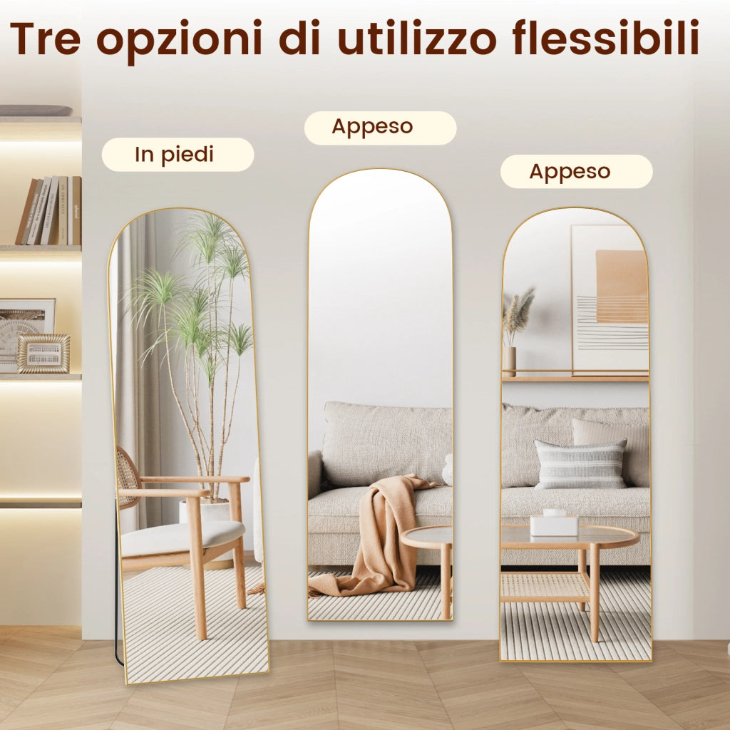 Specchio a figura intera 162 x 52 cm, specchio arcuato, specchio da terra con supporto, specchio arcuato a figura intera, oro, da terra o inclinabile