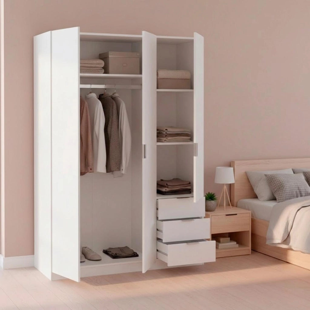 Armadio Guardaroba Con 3 Ante Battenti 4 Ripiani E 3 Cassetti Barra Appendiabiti Salvaspazio Per Stanza Matrimoniale Design Moderno 200 x 52 x 135 Cm Colore Bianco
