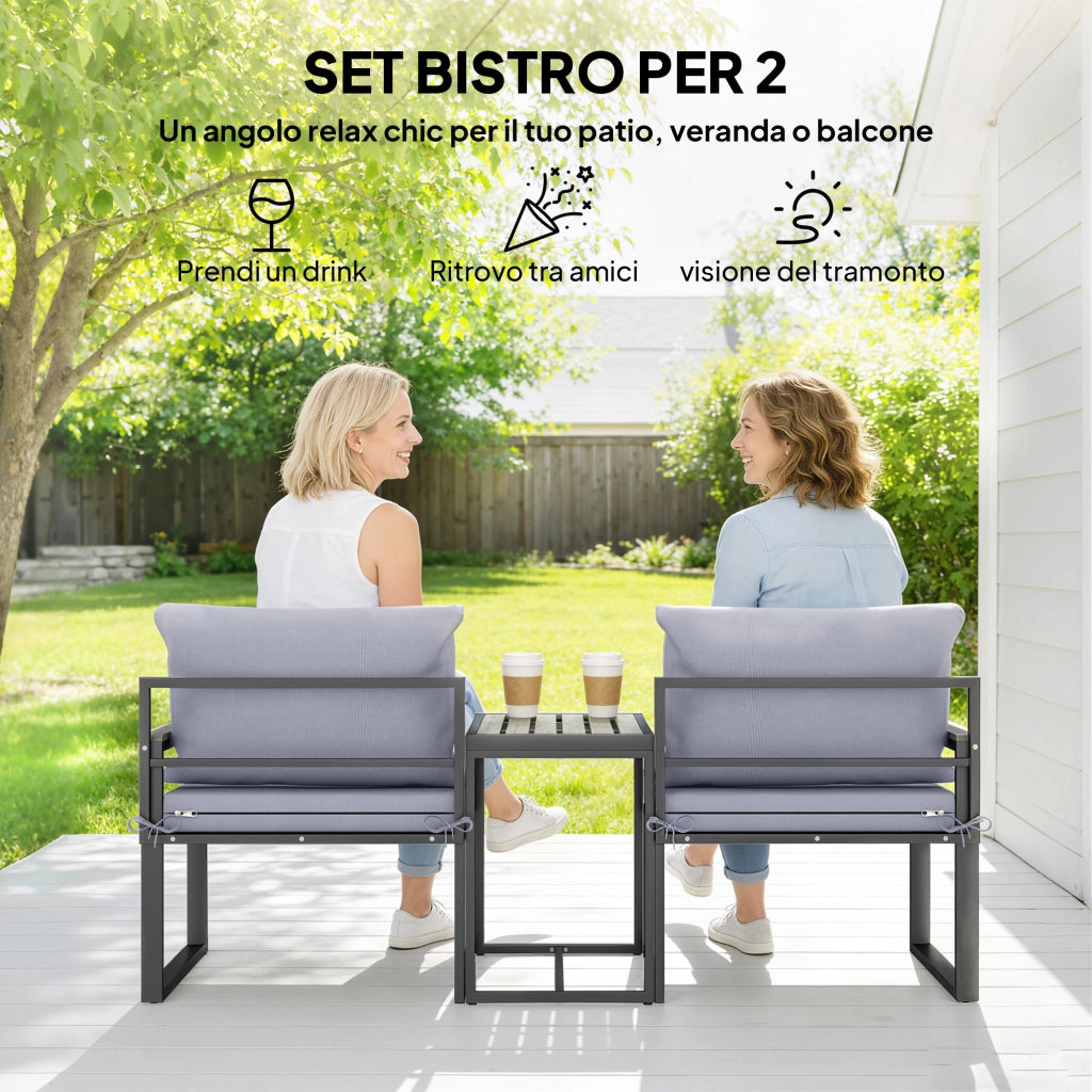 Set da Giardino 3 Pezzi con Tavolo e 2 Sedie in Texteline - Xylo - Grigio con Cuscini