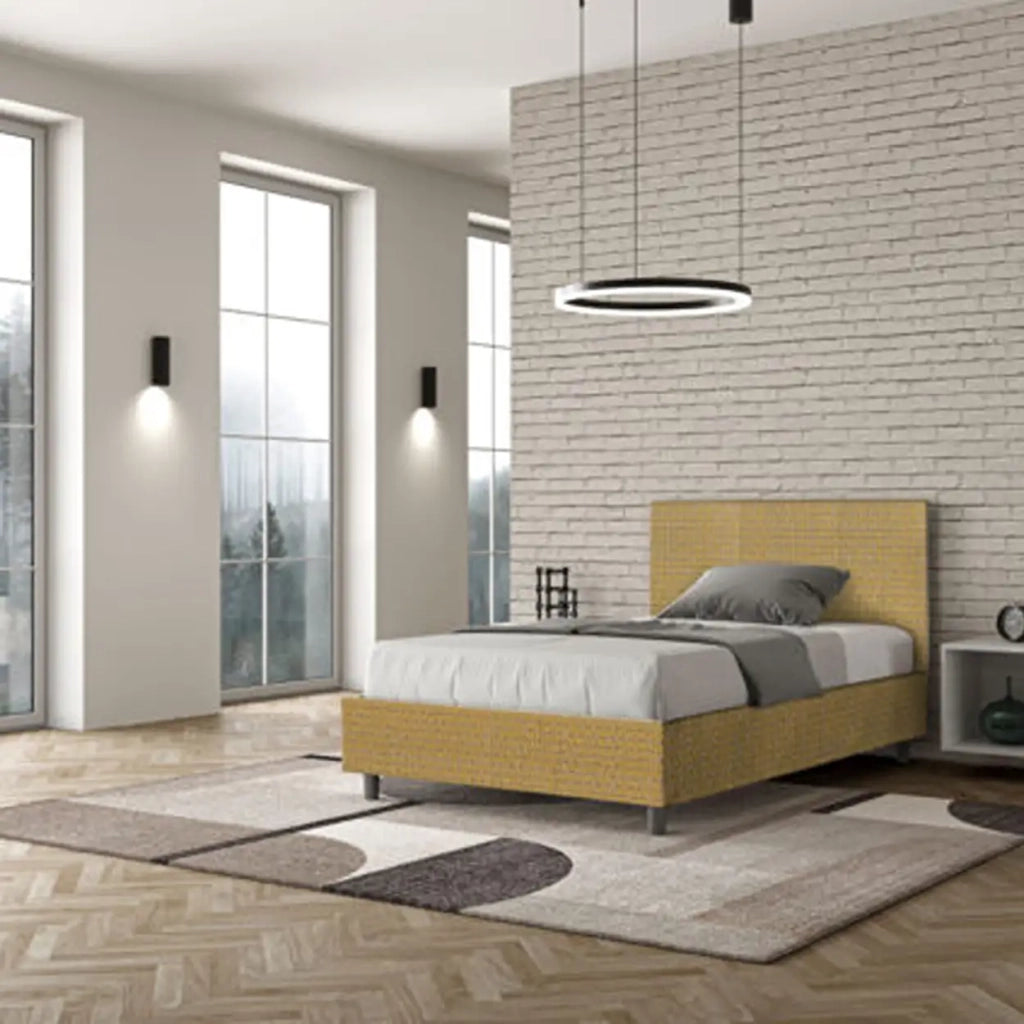 Letto una piazza e mezza contenitore imbottito 120x190 tessuto Labirinto 6 giallo Adele