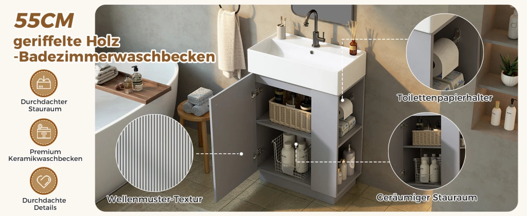 MOBILE SOTTO LAVABO 55 cm con lavabo in ceramica, grigio