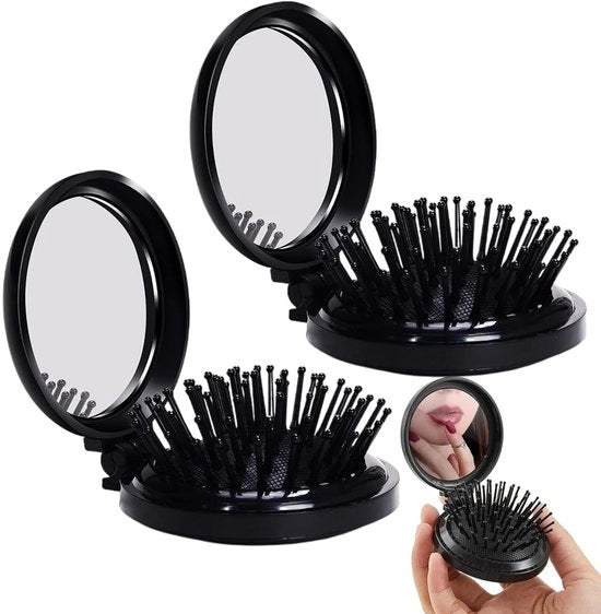 Set di Spazzole da Viaggio a 2 pezzi - Ripiegabile - Specchio Integrato - Anticlima - Adatto a Tutti i Tipi di Capelli - Massaggio Dolce - Spazzola per Capelli