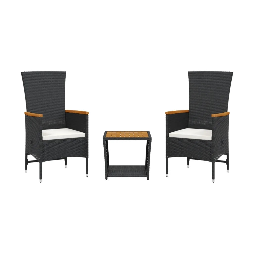 Set da Pranzo da Giardino 3 pz con Cuscini Nero in Polyrattan