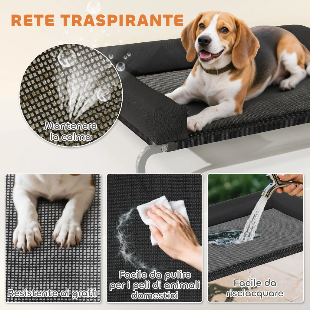 Lettino per Cani Rialzato con Cuscino ¨C Minimal ¨C Nero e Argento, Poliestere e Acciaio, 110x75x30 cm