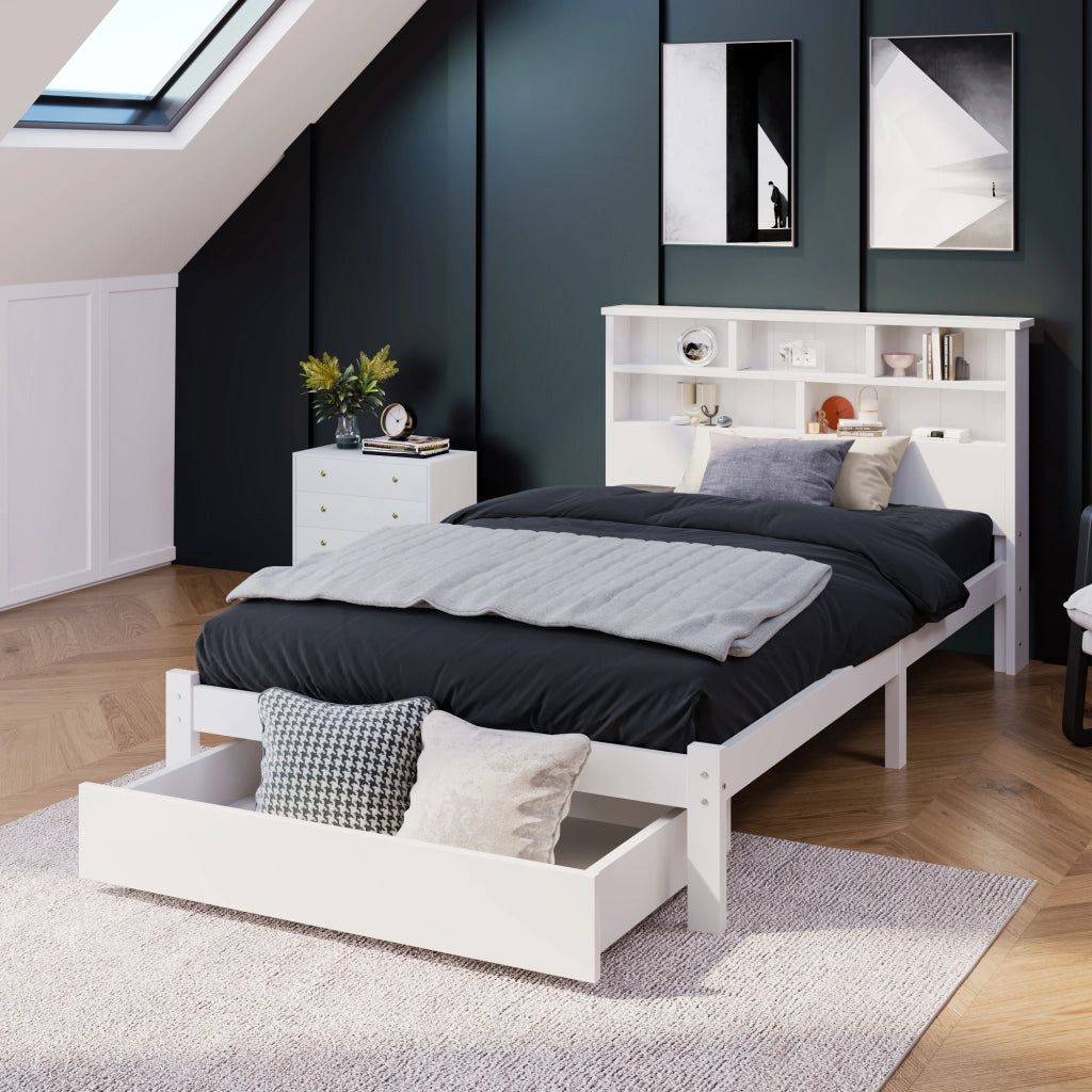 LETTO singolo 90x200 cm con cassetti e testiera libreria bianco