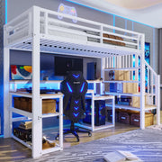 Letto a castello 90x200cm - Zephmum - Struttura in ferro, cassettiere, scale con contenitore, LED, scrivania USB, bianco