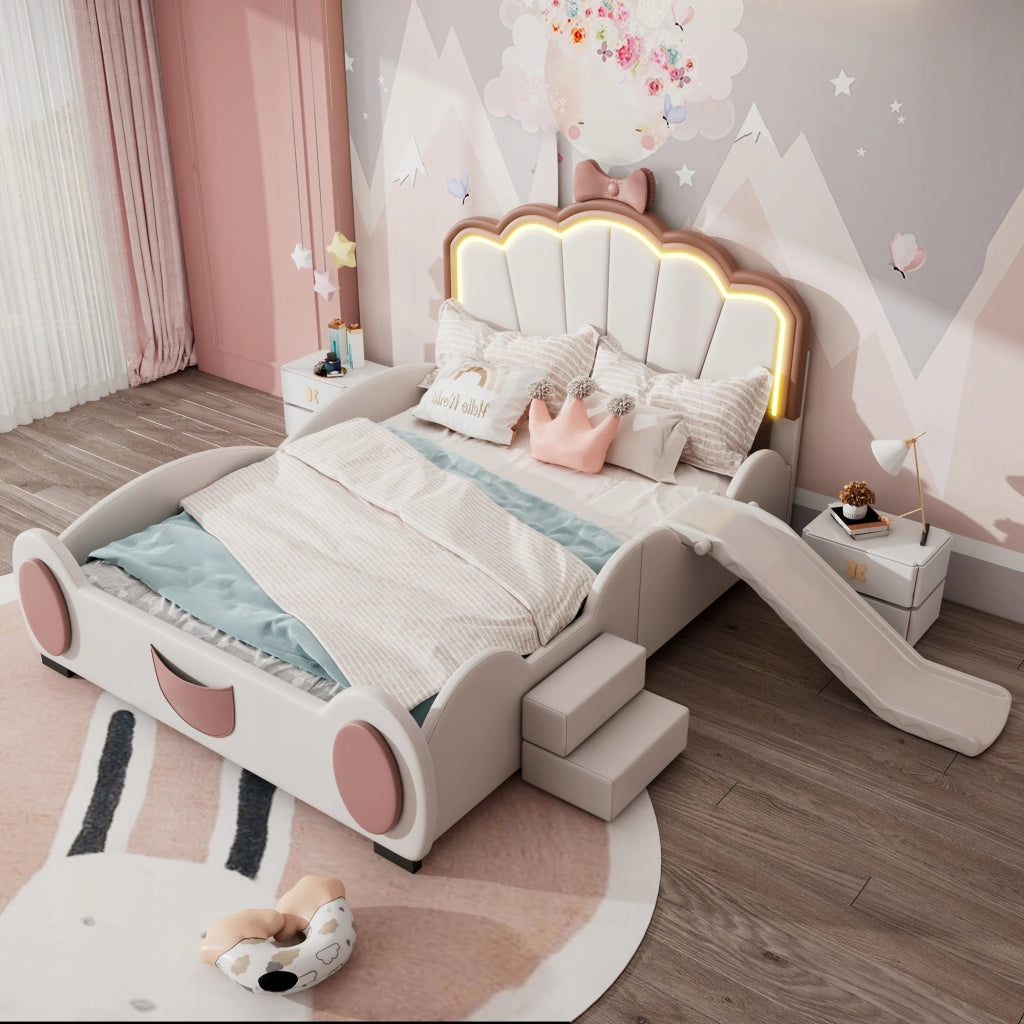 Letto per bambini 140x200 - Xylo - Rosa e bianco con LED