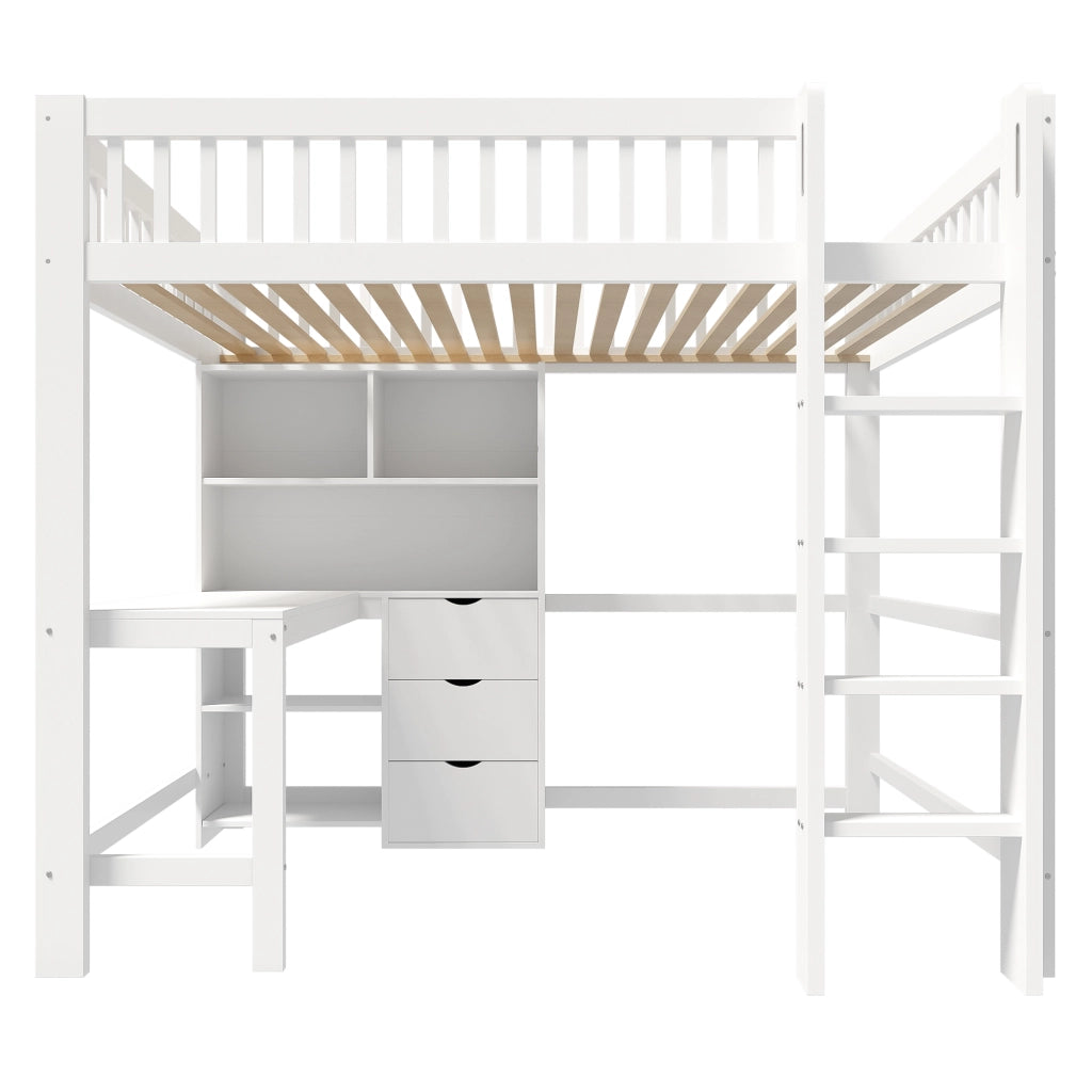 OKWISH Letto a soppalco 140×200 cm, Letto matrimoniale con Scrivania, 3 Cassetti, Mensole e Scala, senza Materasso, in Pino, Bianco