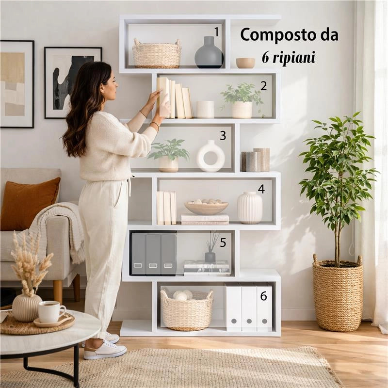LIBRERIA ALANA CON 6 RIPIANI SFALSATI IN DESIGN MODERNO BIANCA
