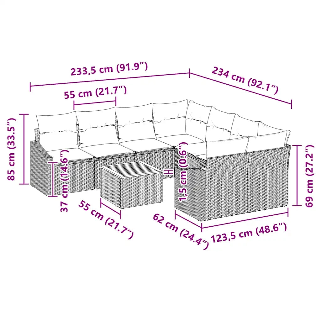 Set Divano da Giardino con cuscino 9 pcs Beige polyrattan 3347813