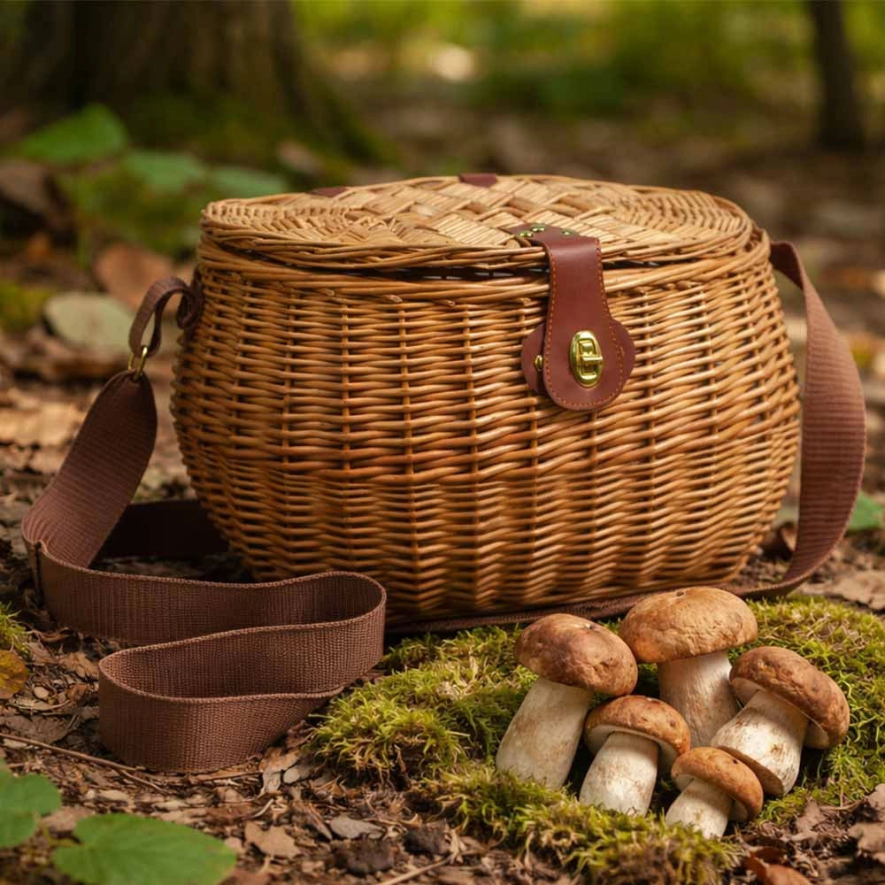 Cesto Funghi in Vimini Bombè con Tracolla 34 x 25 x h 23 cm