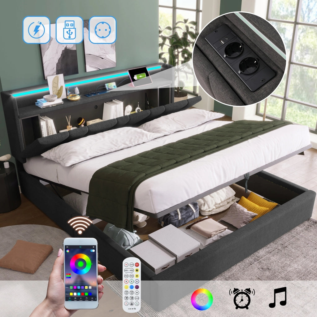 Letto imbottito 140x200 grigio con USB e LED - Xylo