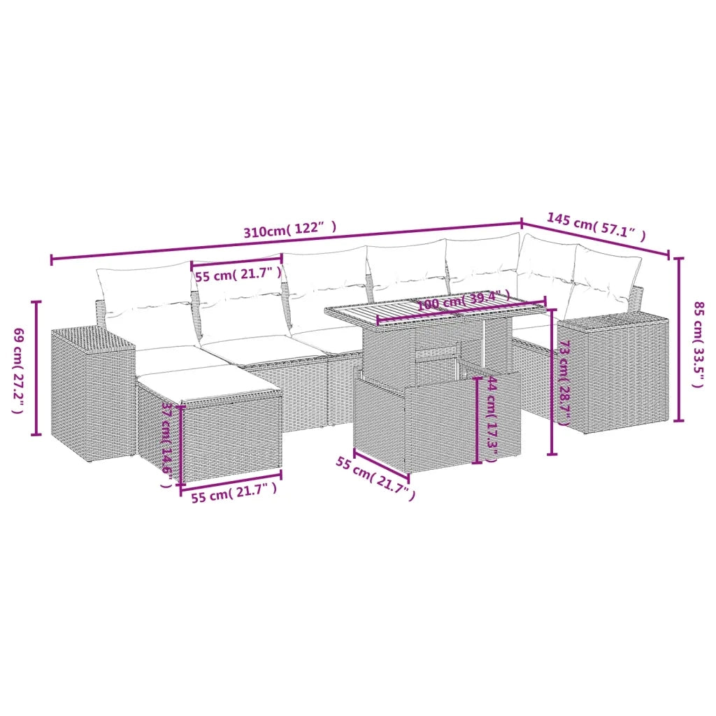 Set Divano da Giardino 8 pz con Cuscini Beige in Polyrattan 3275936