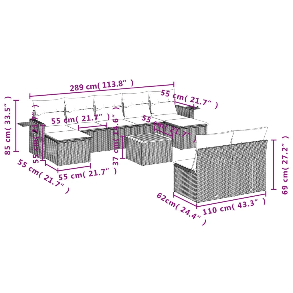 Set Divani da Giardino 10pz con Cuscini in Polyrattan Nero 3224761