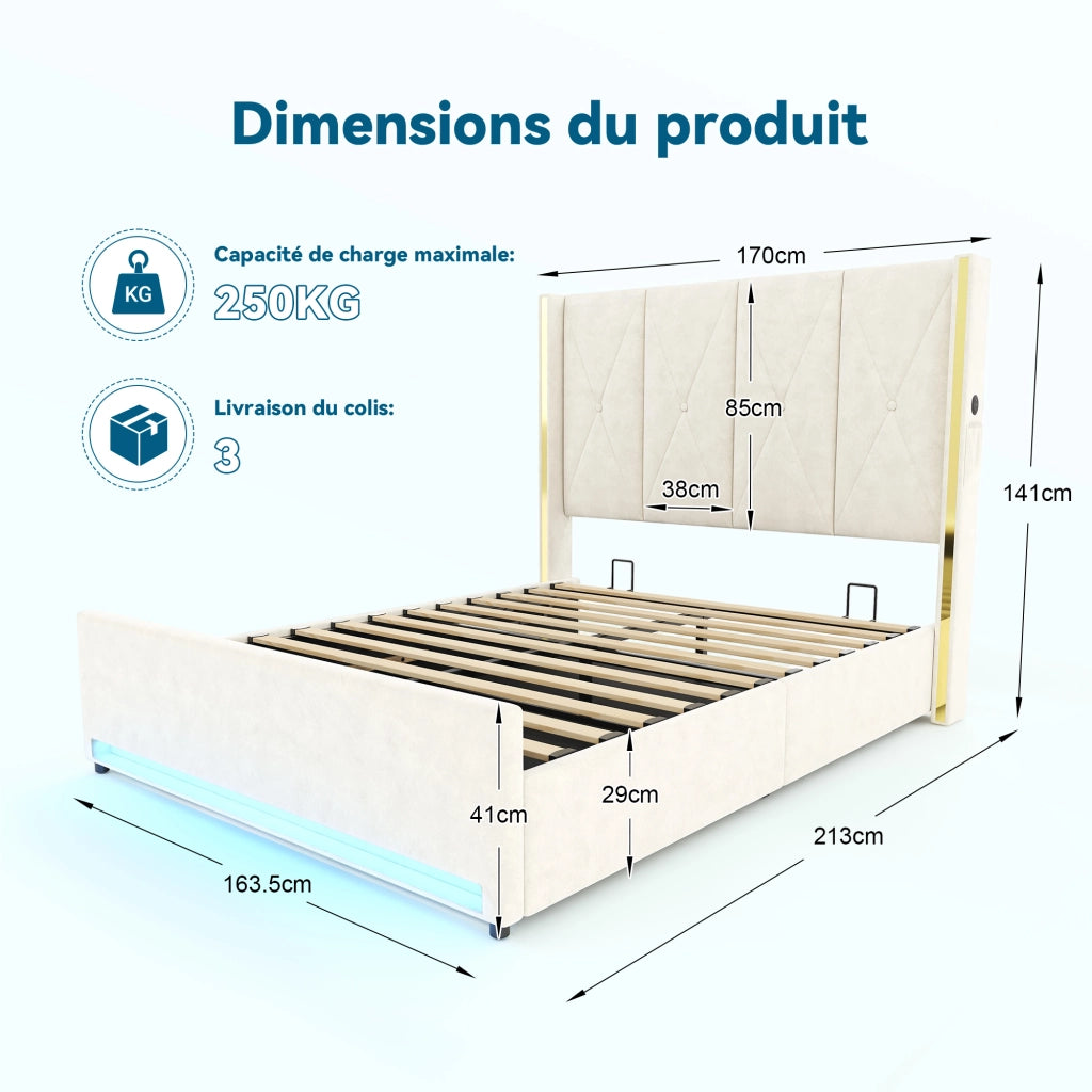 Letto Contenitore Imbottito con LED, USB e Sistema Idraulico ¨C MINIMAL ¨C Velluto, 160x200