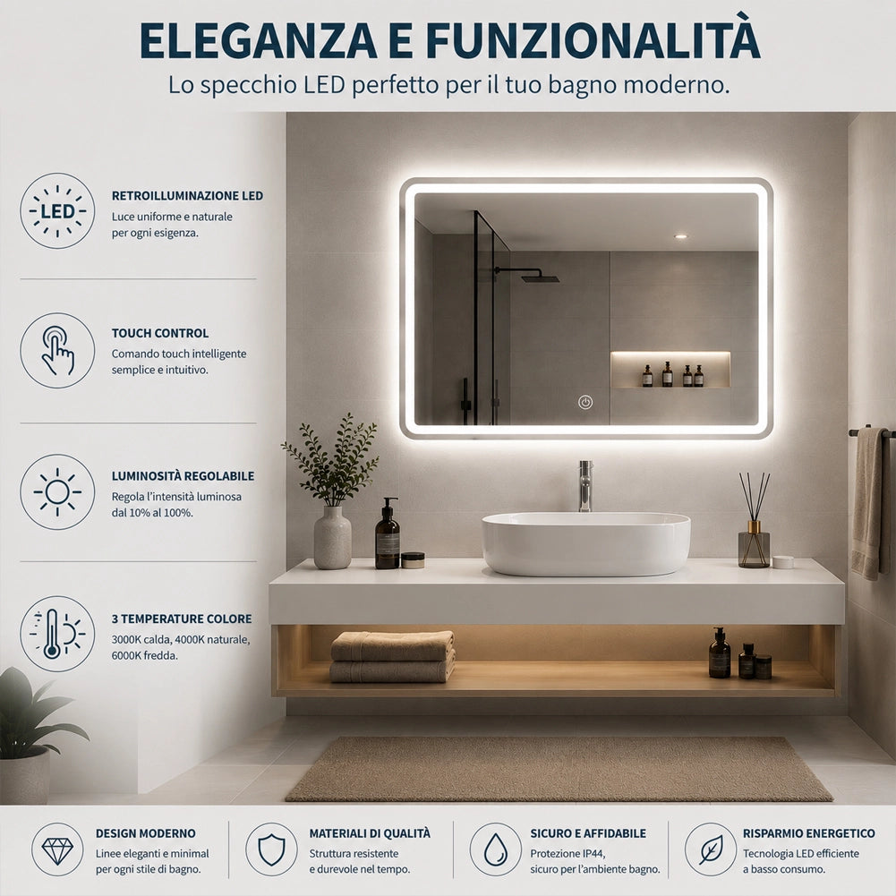 Specchio Rettangolare da Parete con Led Bianco Freddo Caldo e Naturale 80x60cm