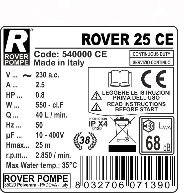 POMPA ELETTRICA DA TRAVASO 230V 50Hz 50L/MIN ELETTROPOMPA ACQUA VINO ROVER25