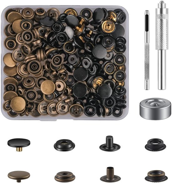 Set di viti a pressione da 50 - Viti a pressione bronzo/nero - Viti a pressione metalliche - Attrezzo - Scatola di conservazione - Viti a pressione a resistenza alta - Viti a pressione