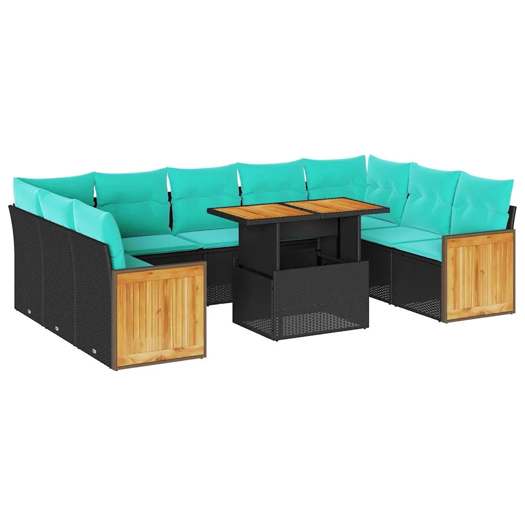 Set Divani Giardino 10pz con Cuscini Nero in Polyrattan Acacia 3327753
