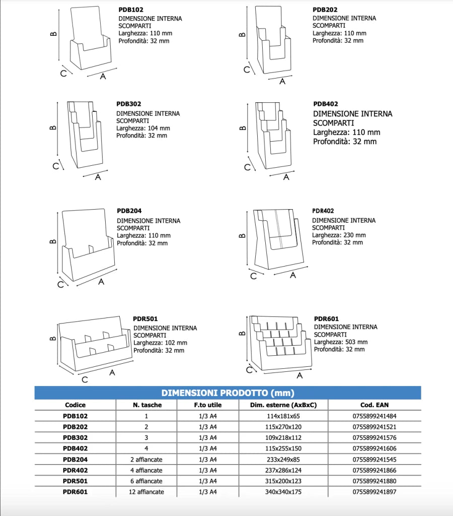 Porta depliant da banco 4 tasche 1/3 A4 Verticale