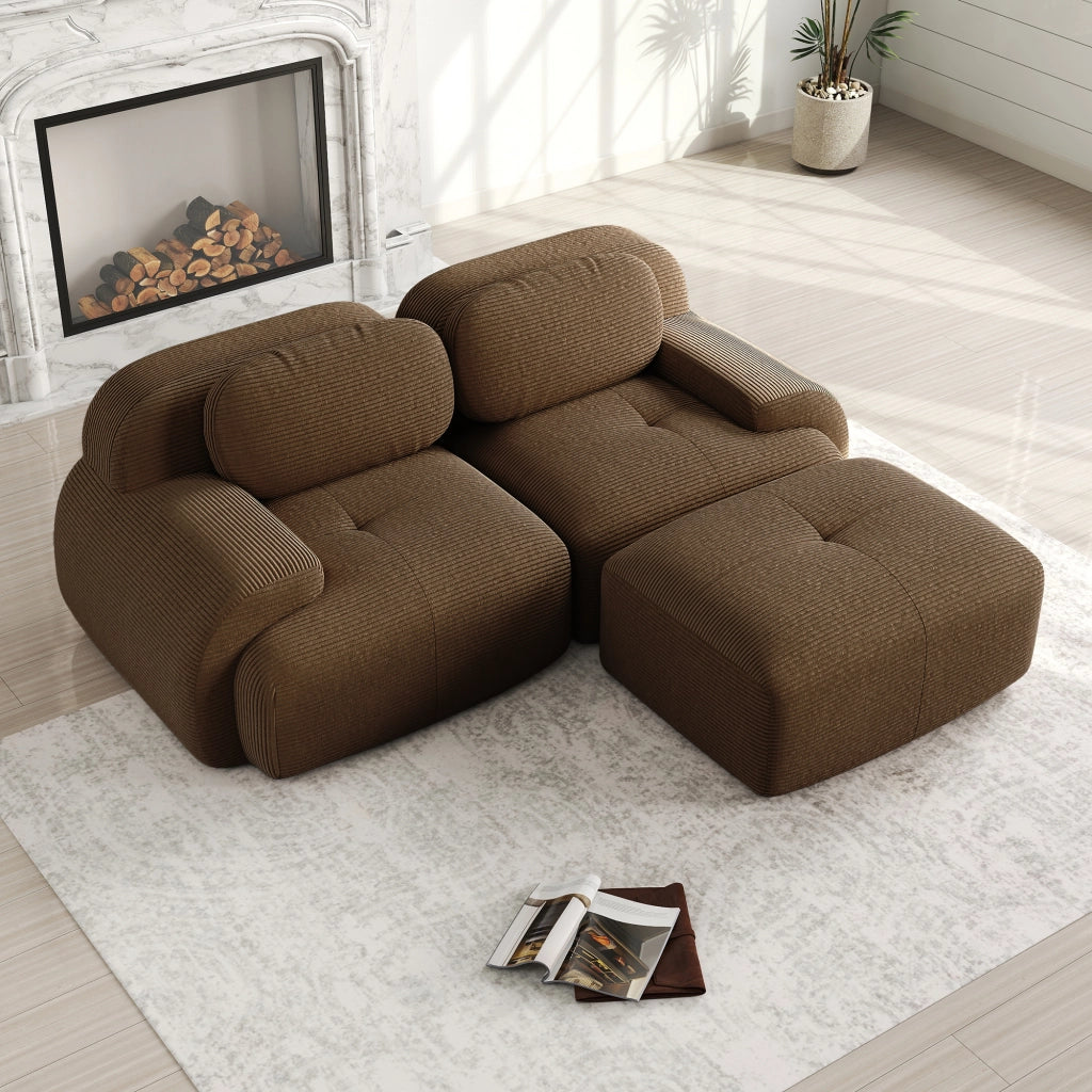 Divano Angolare Modulare ¨C MINIMAL ¨C Tessuto Cordoncino, Braccioli Curvi, Marrone