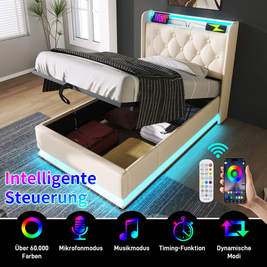 DESMIU Letto singolo 90 × 200 cm con contenitore, LED, USB e Type-C, con materasso, in PU, bianco
