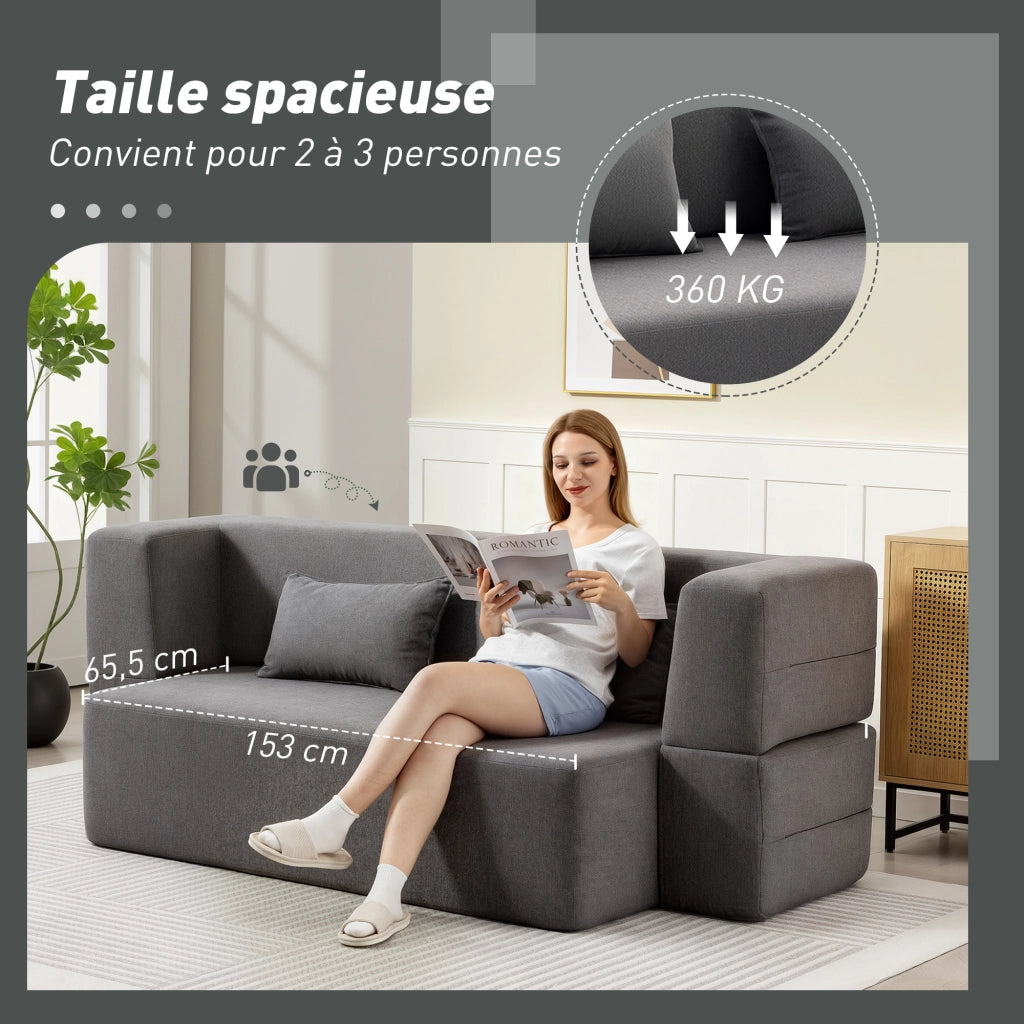 Divano letto 2 posti ¨C Minimal ¨C tessuto chenille grigio con cuscini