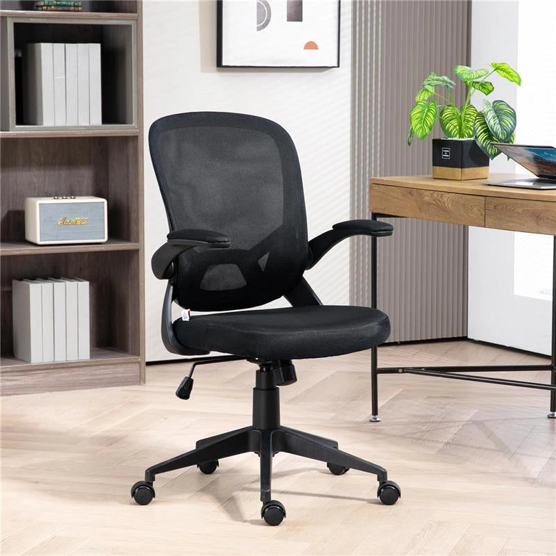 SEDIA DA UFFICIO ERGONOMICA CON ALTEZZA REGOLABILE, BRACCIOLI RIBALTABILI E TESSUTO A RETE, NERO
