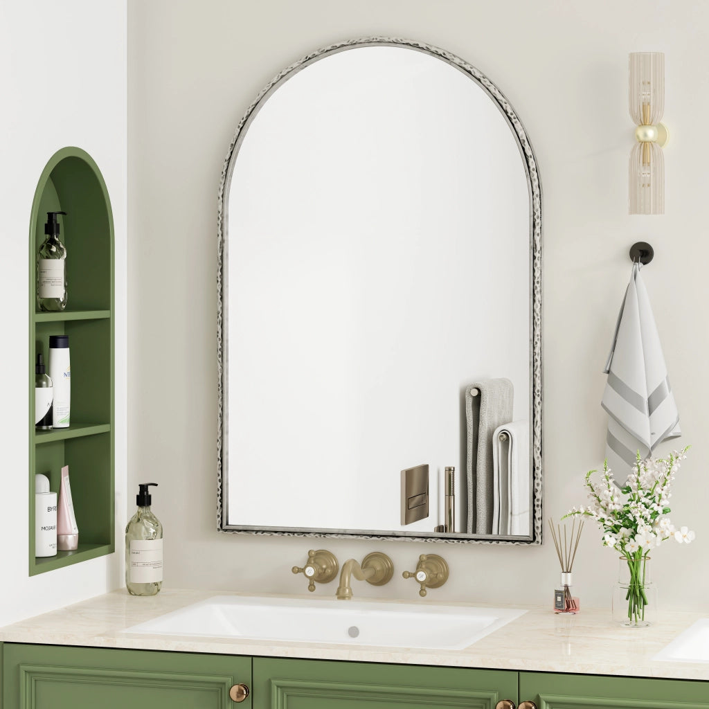 Specchio semplice ad arco con ganci da parete e da tavolo in vetro temperato e ferro argento per bagno e soggiorno