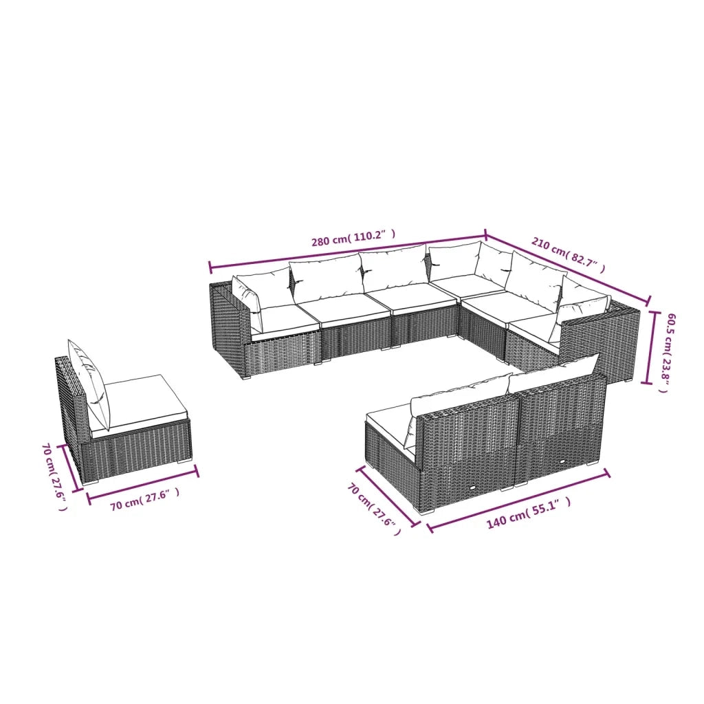 Set Divani da Giardino 9 pz con Cuscini in Polyrattan Marrone 3102579