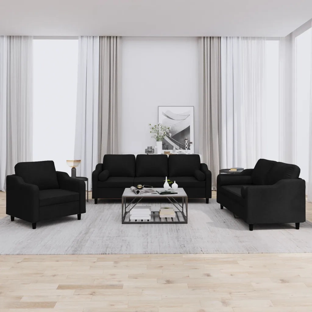Set Divani 3 pz con Cuscini Nero in Tessuto